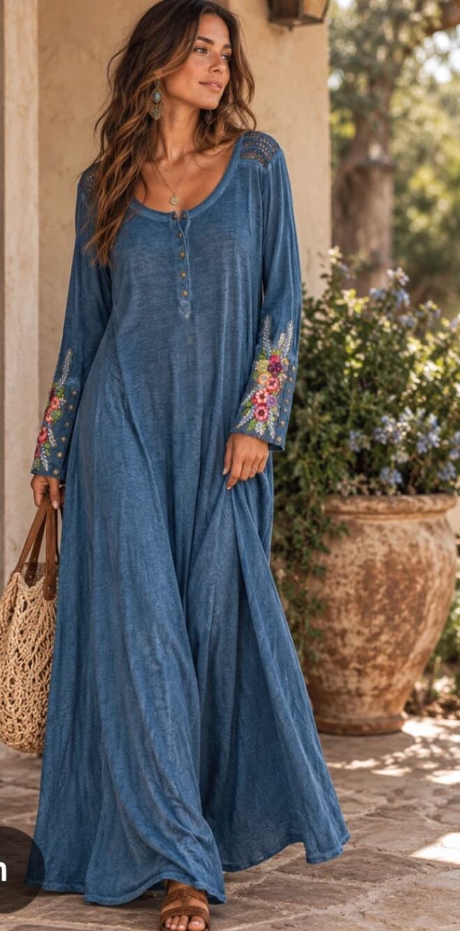 Soft Surroundings Ava Maxi Dress Embroidered Floral Sleeves Blue Medium Petite